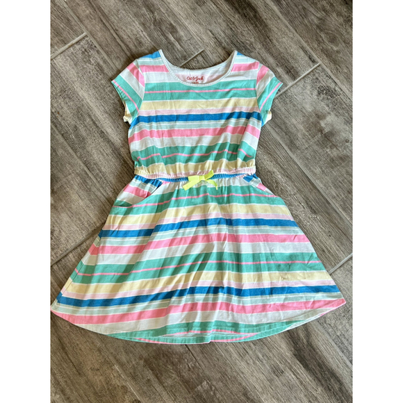 Cat & Jack Girls Striped Knit Dress Yellow Blue Pink Green Size‎ 6/6X - Picture 1 of 5